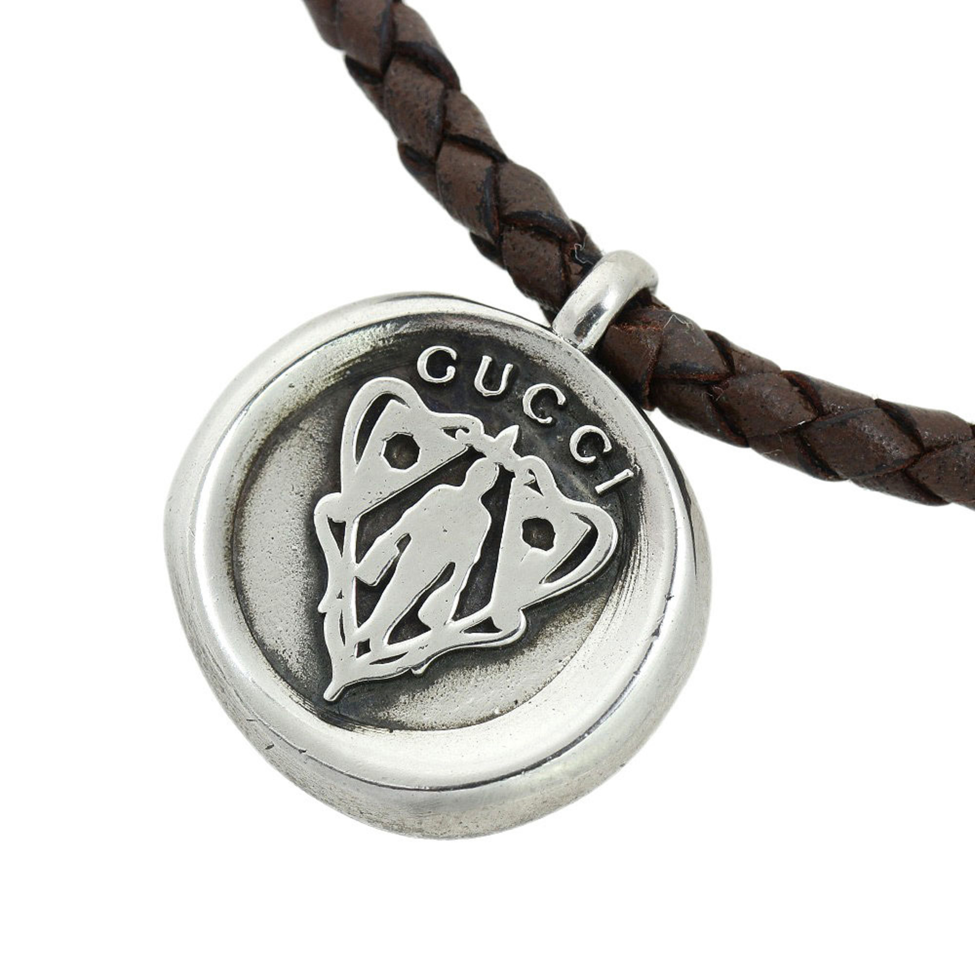 Gucci Pendant Necklace Ag925 Leather Logo Crest 270669